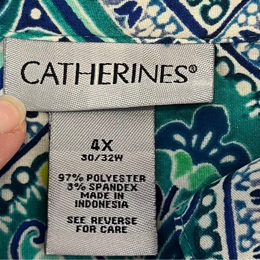 Catherines Womens Top 4X Blue Green‎ Paisley Geometric Button Up Tunic Casual - Picture 5 of 7